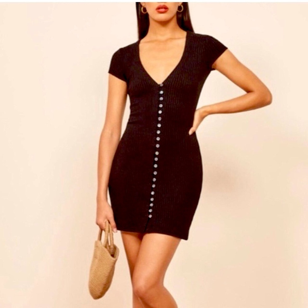 Reformation Ryder Rib Button V-neck Mini Dress Black 1X Like New